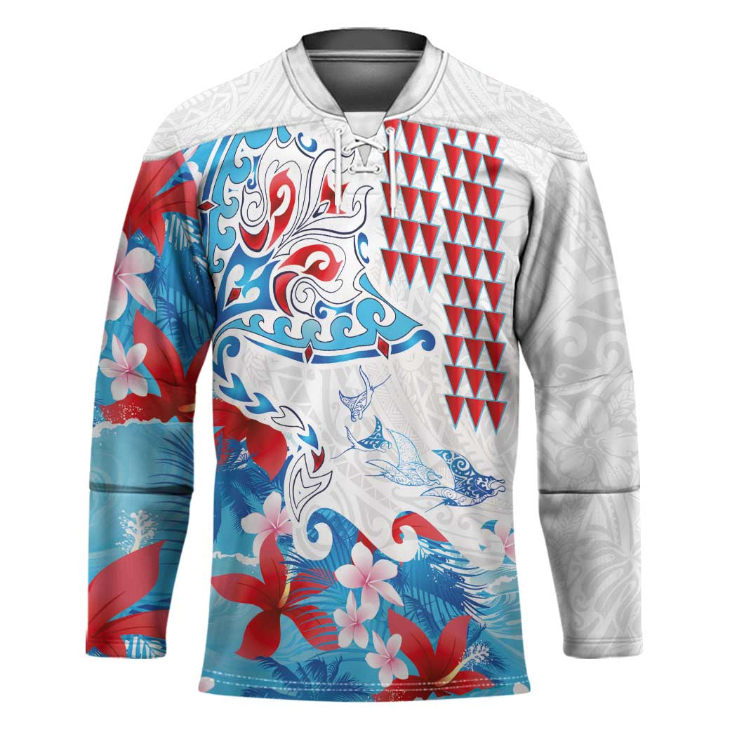 Hawaiian Tribal Manta Ray Hockey Jersey Kakau Tattoo and Flowers Surfing Waves Pattern Ocean Color LT03 Unisex Multicolor - Polynesian Pride