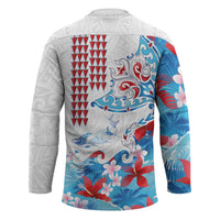 Hawaiian Tribal Manta Ray Hockey Jersey Kakau Tattoo and Flowers Surfing Waves Pattern Ocean Color