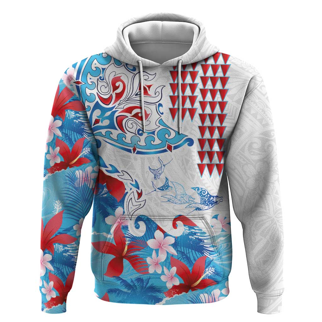 Hawaiian Tribal Manta Ray Hoodie Kakau Tattoo and Flowers Surfing Waves Pattern Ocean Color LT03 Pullover Hoodie Multicolor - Polynesian Pride