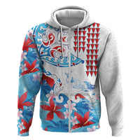 Hawaiian Tribal Manta Ray Hoodie Kakau Tattoo and Flowers Surfing Waves Pattern Ocean Color LT03 Zip Hoodie Multicolor - Polynesian Pride