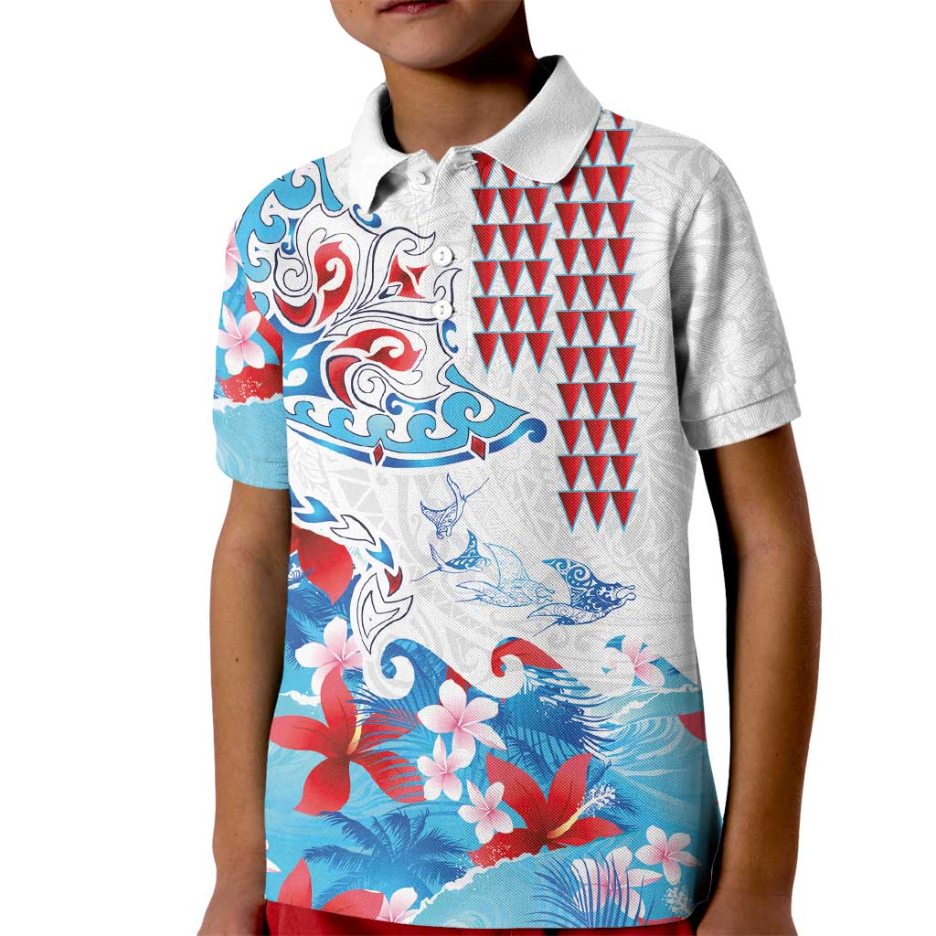 Hawaiian Tribal Manta Ray Kid Polo Shirt Kakau Tattoo and Flowers Surfing Waves Pattern Ocean Color LT03 Kid Multicolor - Polynesian Pride