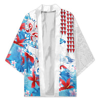 Hawaiian Tribal Manta Ray Kimono Kakau Tattoo and Flowers Surfing Waves Pattern Ocean Color