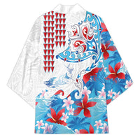 Hawaiian Tribal Manta Ray Kimono Kakau Tattoo and Flowers Surfing Waves Pattern Ocean Color