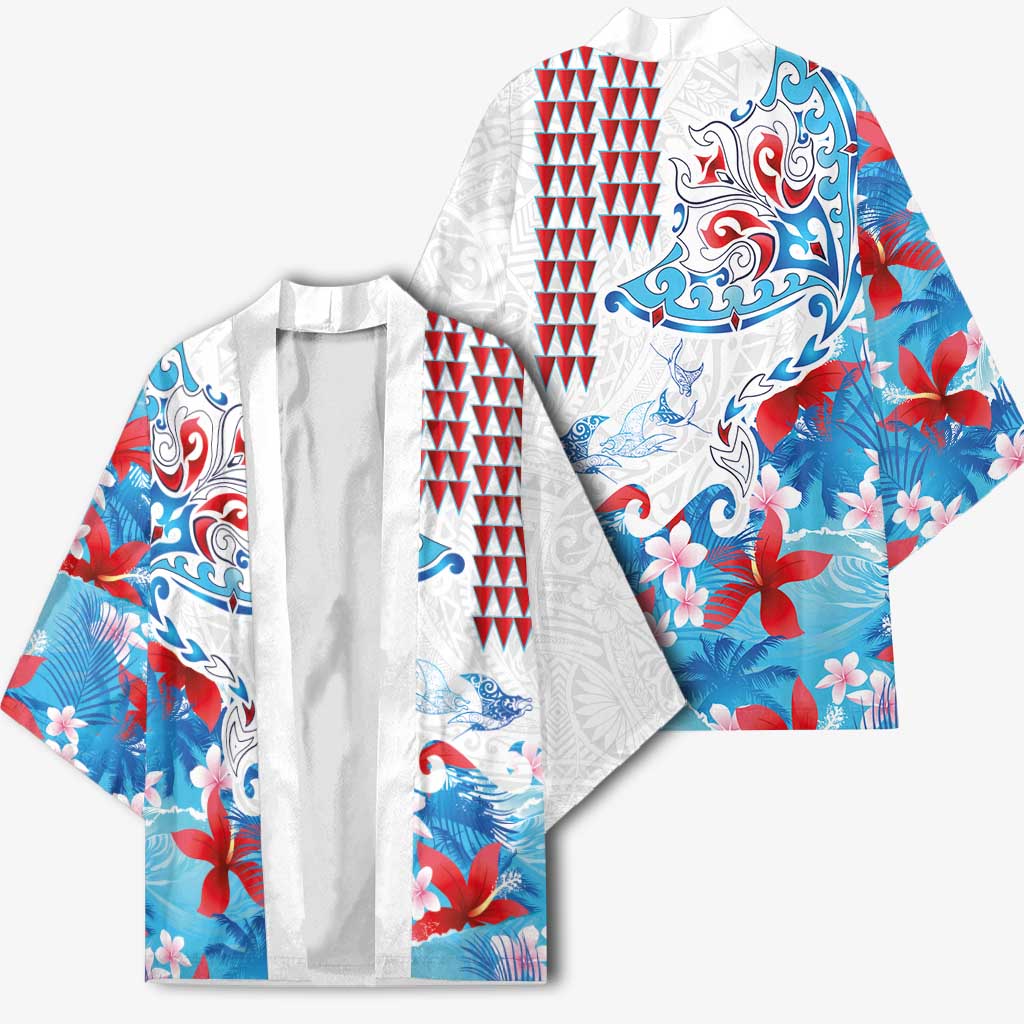 Hawaiian Tribal Manta Ray Kimono Kakau Tattoo and Flowers Surfing Waves Pattern Ocean Color
