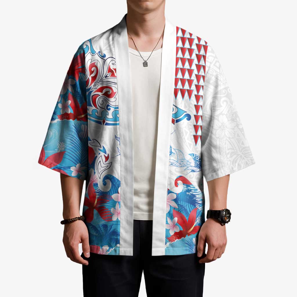 Hawaiian Tribal Manta Ray Kimono Kakau Tattoo and Flowers Surfing Waves Pattern Ocean Color