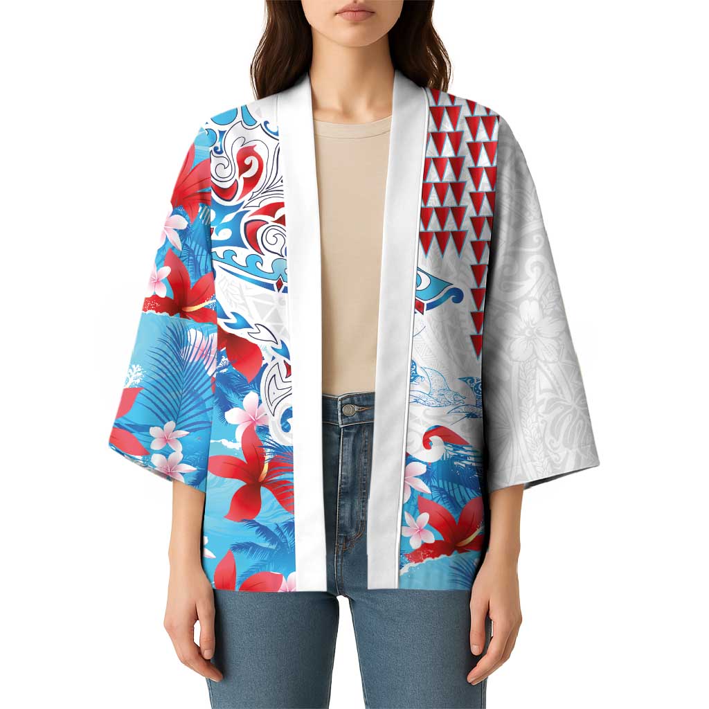 Hawaiian Tribal Manta Ray Kimono Kakau Tattoo and Flowers Surfing Waves Pattern Ocean Color