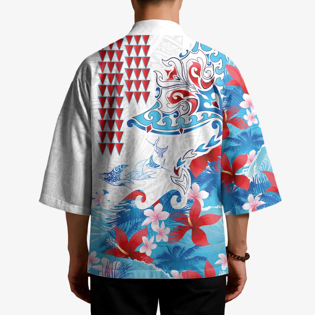 Hawaiian Tribal Manta Ray Kimono Kakau Tattoo and Flowers Surfing Waves Pattern Ocean Color