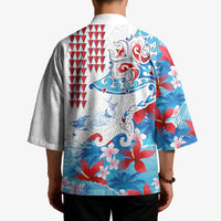 Hawaiian Tribal Manta Ray Kimono Kakau Tattoo and Flowers Surfing Waves Pattern Ocean Color