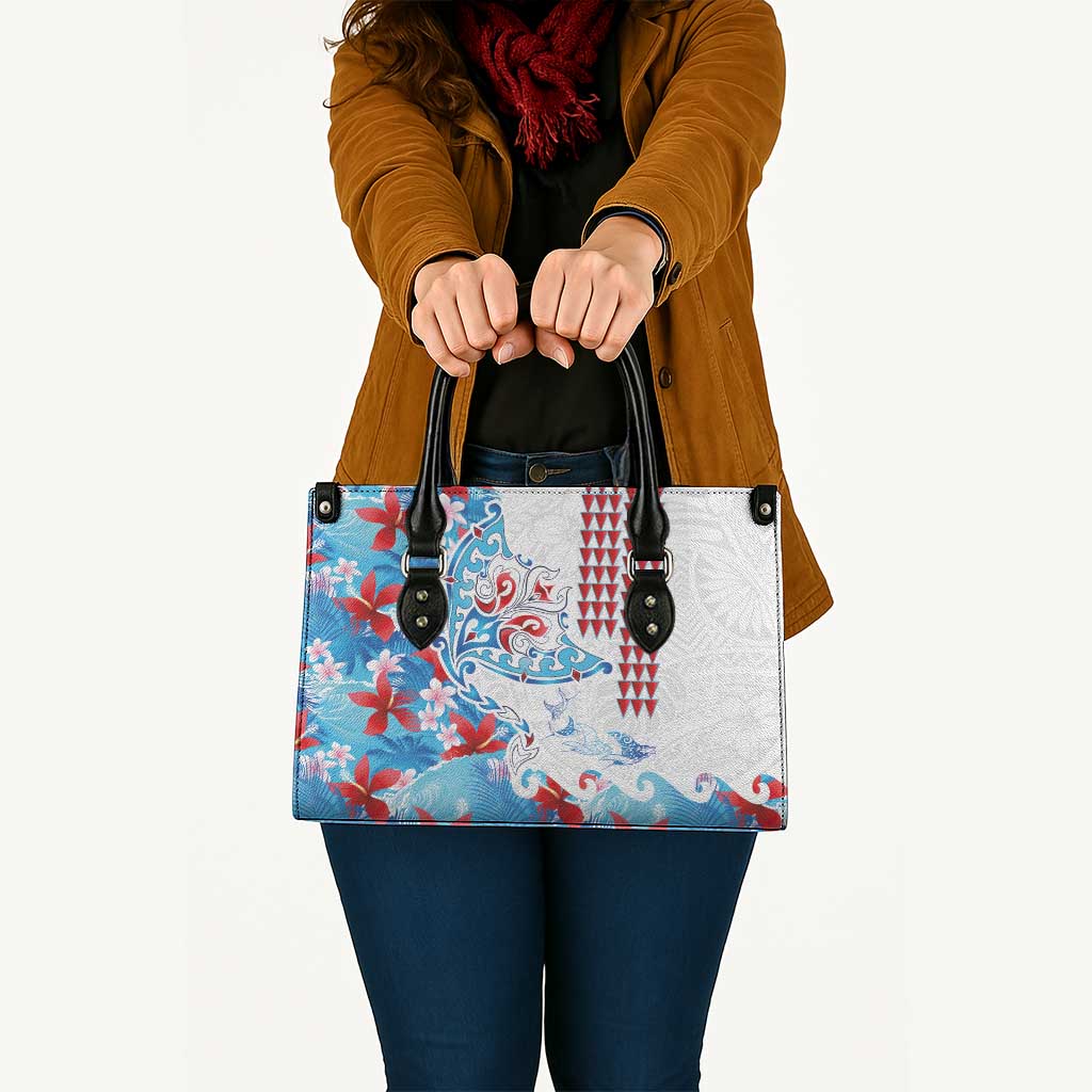 Hawaiian Tribal Manta Ray Leather Bag Kakau Tattoo and Flowers Surfing Waves Pattern Ocean Color LT03 - Polynesian Pride