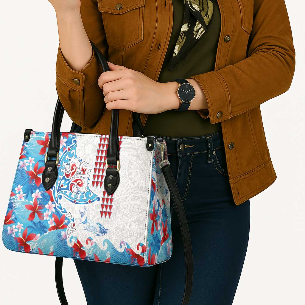 Hawaiian Tribal Manta Ray Leather Bag Kakau Tattoo and Flowers Surfing Waves Pattern Ocean Color LT03 - Polynesian Pride