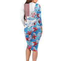 Hawaiian Tribal Manta Ray Long Sleeve Bodycon Dress Kakau Tattoo and Flowers Surfing Waves Pattern Ocean Color
