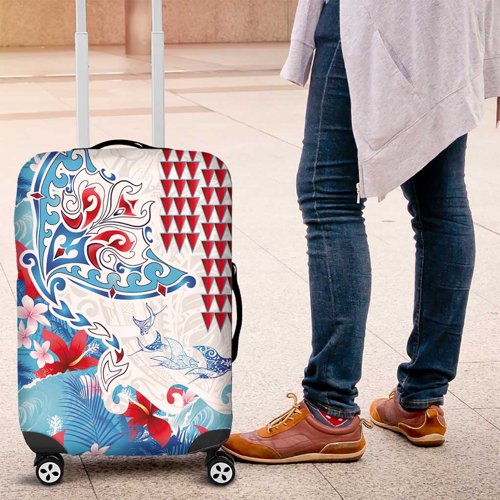 Hawaiian Tribal Manta Ray Luggage Cover Kakau Tattoo and Flowers Surfing Waves Pattern Ocean Color LT03 Multicolor - Polynesian Pride