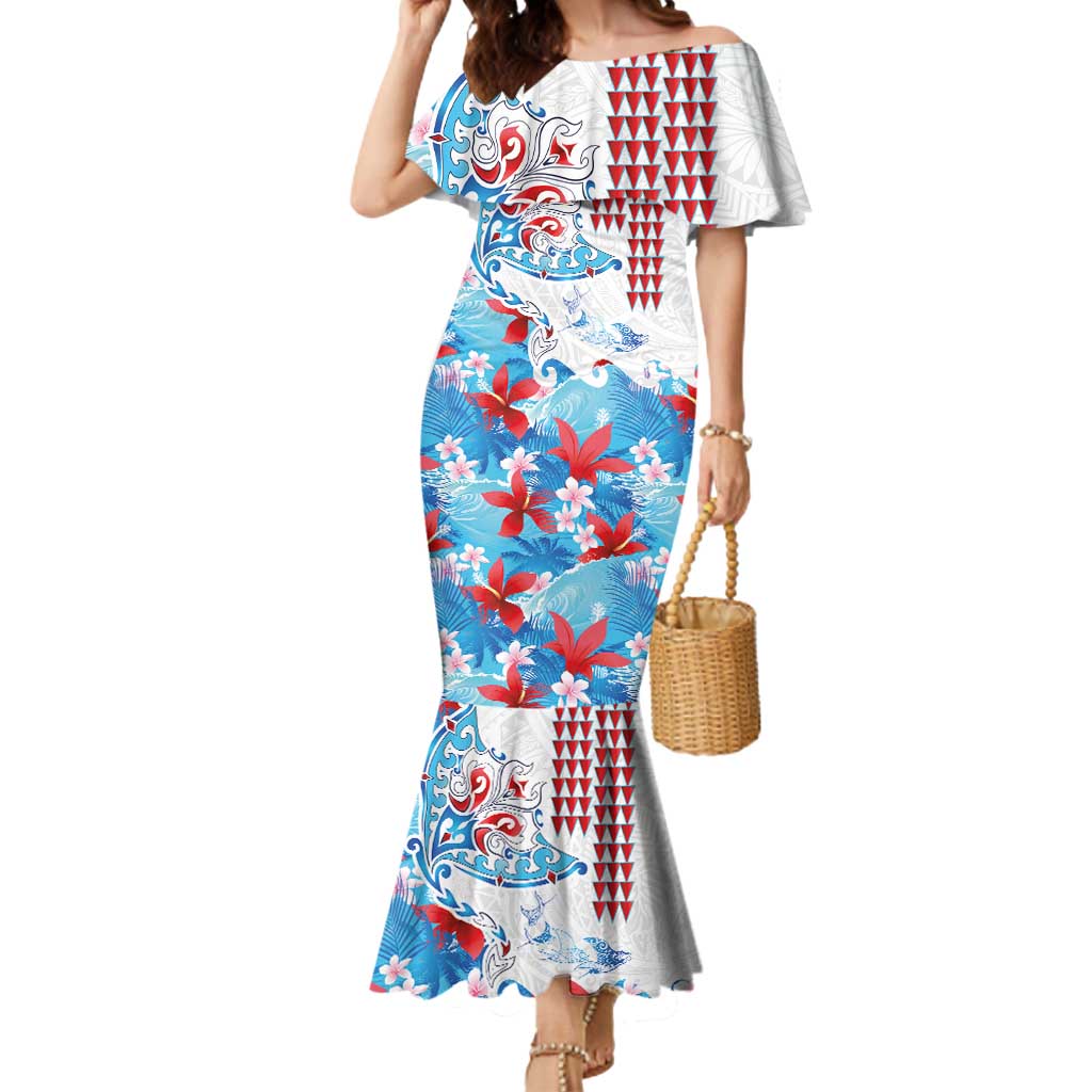 Hawaiian Tribal Manta Ray Mermaid Dress Kakau Tattoo and Flowers Surfing Waves Pattern Ocean Color
