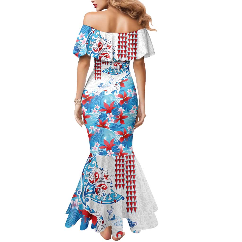 Hawaiian Tribal Manta Ray Mermaid Dress Kakau Tattoo and Flowers Surfing Waves Pattern Ocean Color