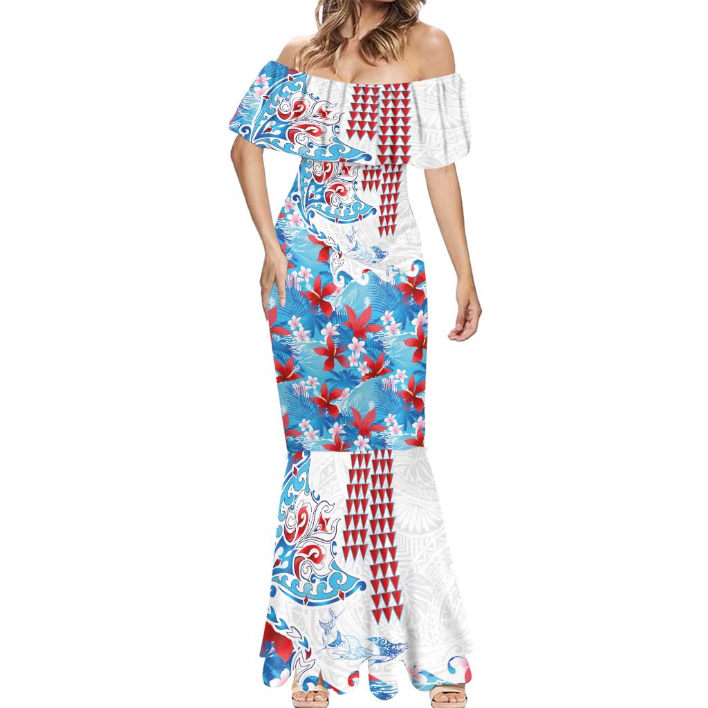 Hawaiian Tribal Manta Ray Mermaid Dress Kakau Tattoo and Flowers Surfing Waves Pattern Ocean Color