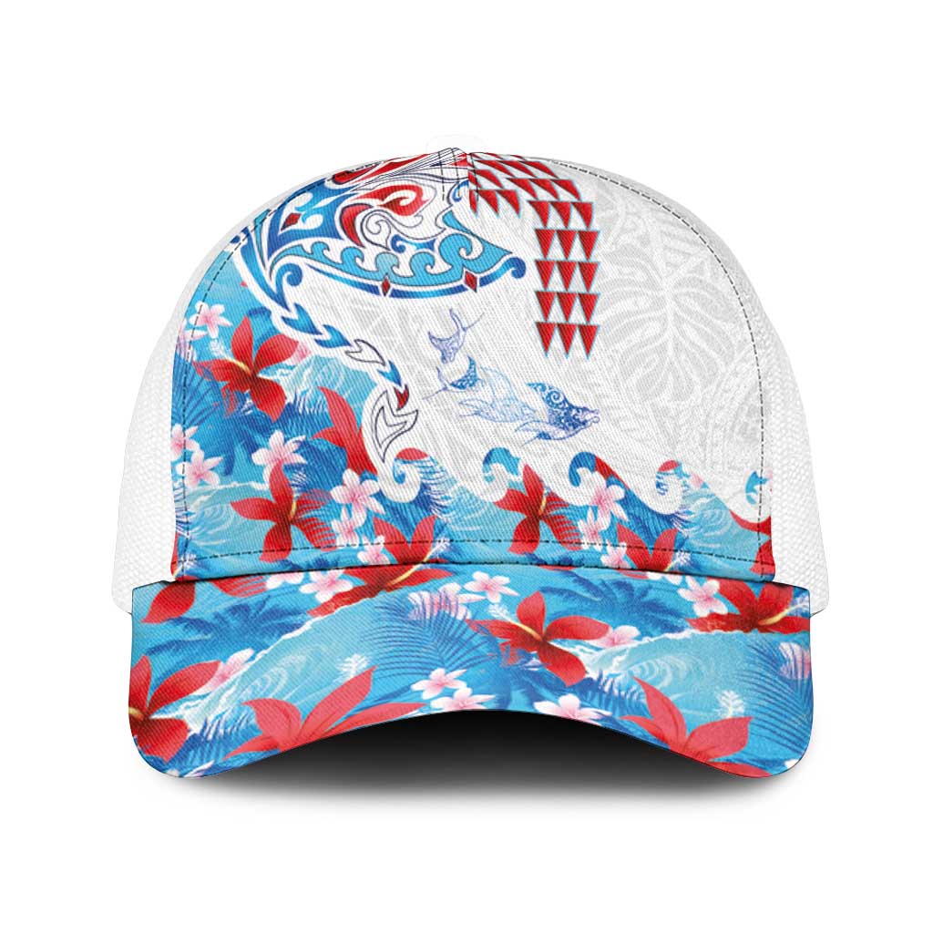 Hawaiian Tribal Manta Ray Mesh Trucker Cap Kakau Tattoo and Flowers Surfing Waves Pattern Ocean Color