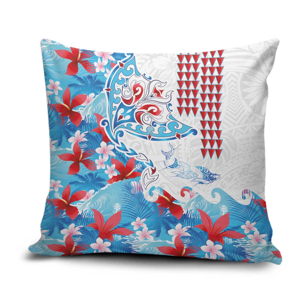 Hawaiian Tribal Manta Ray Pillow Cover Kakau Tattoo and Flowers Surfing Waves Pattern Ocean Color LT03 Multicolor - Polynesian Pride