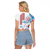 Hawaiian Tribal Manta Ray Raglan Cropped T Shirt Kakau Tattoo and Flowers Surfing Waves Pattern Ocean Color