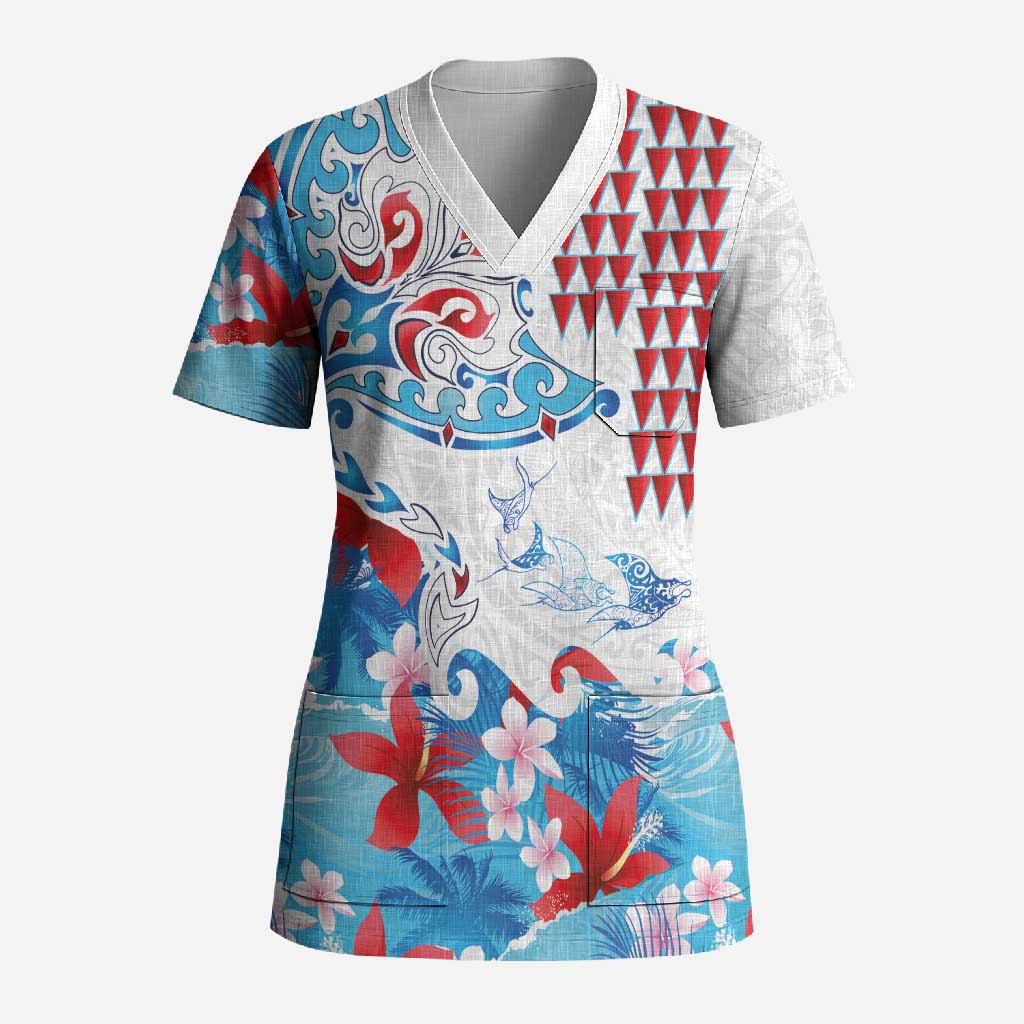 Hawaiian Tribal Manta Ray Scrub Top Kakau Tattoo and Flowers Surfing Waves Pattern Ocean Color LT03 Adult Multicolor - Polynesian Pride