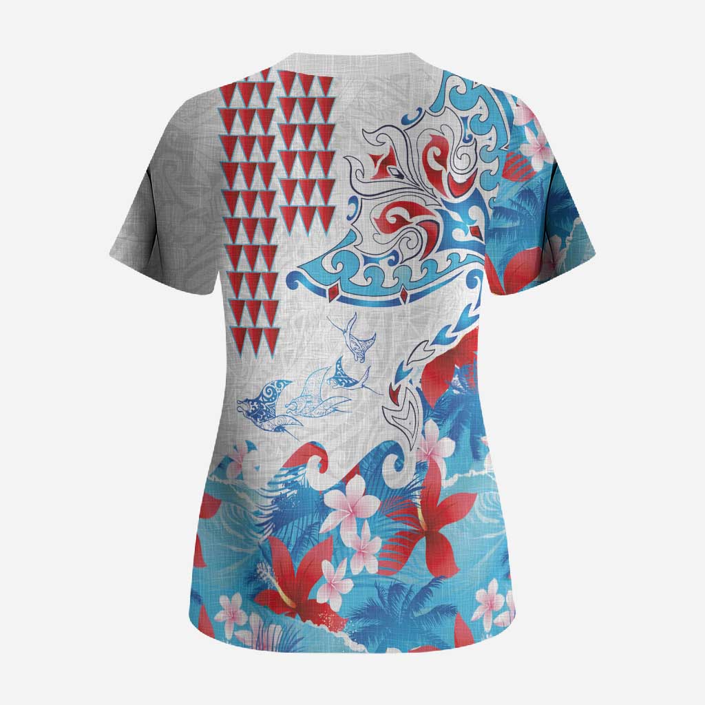 Hawaiian Tribal Manta Ray Scrub Top Kakau Tattoo and Flowers Surfing Waves Pattern Ocean Color LT03 - Polynesian Pride