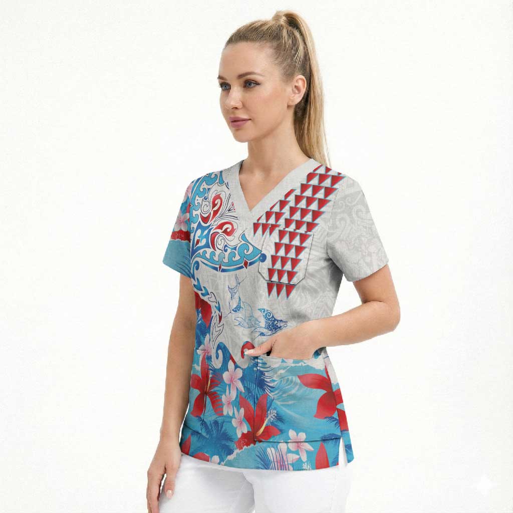 Hawaiian Tribal Manta Ray Scrub Top Kakau Tattoo and Flowers Surfing Waves Pattern Ocean Color LT03 - Polynesian Pride