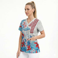 Hawaiian Tribal Manta Ray Scrub Top Kakau Tattoo and Flowers Surfing Waves Pattern Ocean Color LT03 - Polynesian Pride