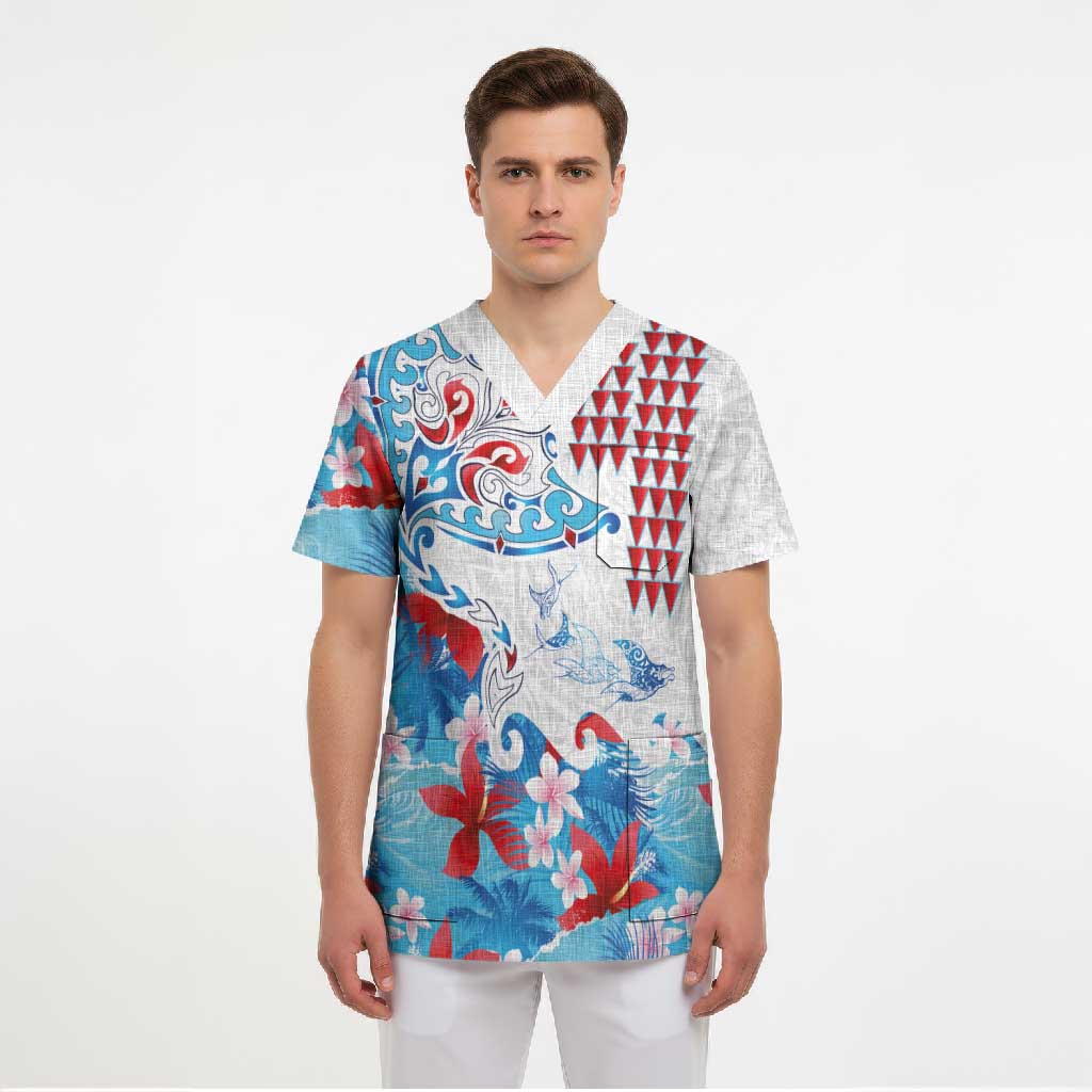 Hawaiian Tribal Manta Ray Scrub Top Kakau Tattoo and Flowers Surfing Waves Pattern Ocean Color LT03 - Polynesian Pride