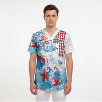 Hawaiian Tribal Manta Ray Scrub Top Kakau Tattoo and Flowers Surfing Waves Pattern Ocean Color LT03 - Polynesian Pride