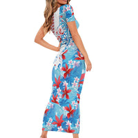 Hawaiian Tribal Manta Ray Short Sleeve Bodycon Dress Kakau Tattoo and Flowers Surfing Waves Pattern Ocean Color