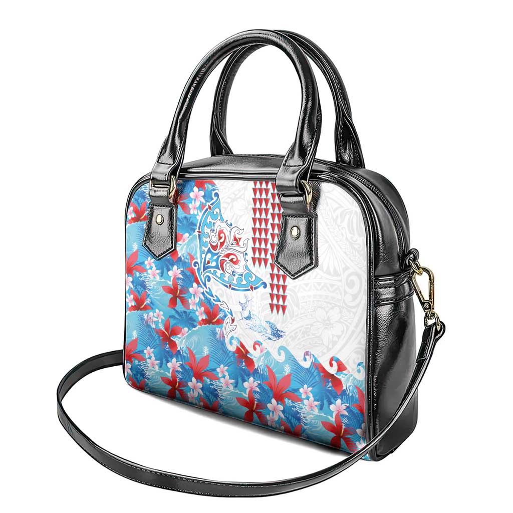 Hawaiian Tribal Manta Ray Shoulder Handbag Kakau Tattoo and Flowers Surfing Waves Pattern Ocean Color LT03 - Polynesian Pride