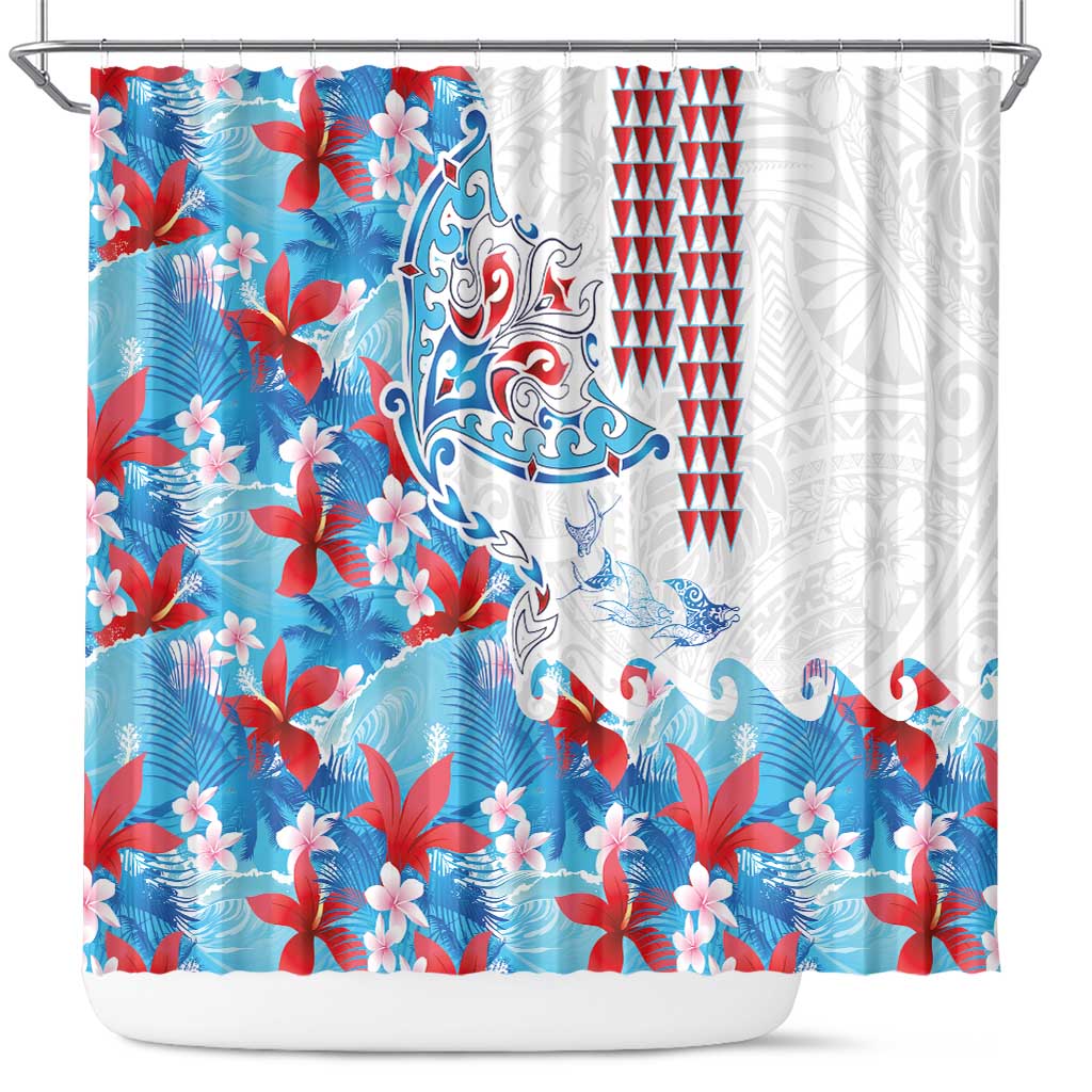 Hawaiian Tribal Manta Ray Shower Curtain Kakau Tattoo and Flowers Surfing Waves Pattern Ocean Color LT03 Multicolor - Polynesian Pride