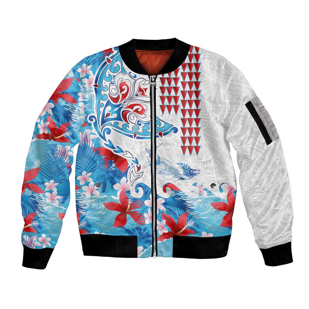 Hawaiian Tribal Manta Ray Sleeve Zip Bomber Jacket Kakau Tattoo and Flowers Surfing Waves Pattern Ocean Color LT03 Unisex Multicolor - Polynesian Pride