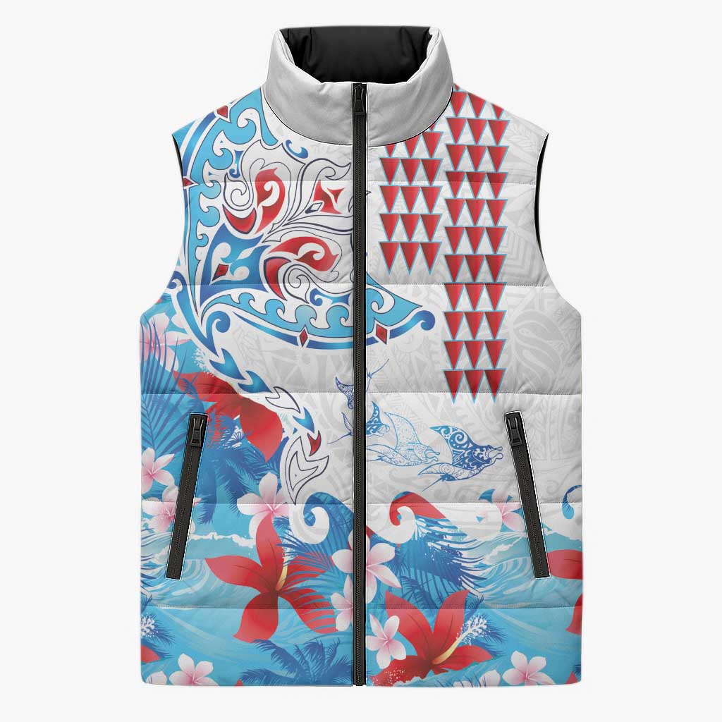 Hawaiian Tribal Manta Ray Sleeveless Puffer Jacket Kakau Tattoo and Flowers Surfing Waves Pattern Ocean Color LT03 Unisex Multicolor - Polynesian Pride