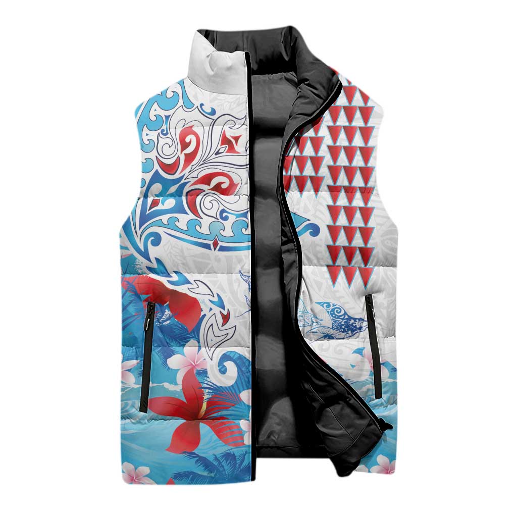 Hawaiian Tribal Manta Ray Sleeveless Puffer Jacket Kakau Tattoo and Flowers Surfing Waves Pattern Ocean Color LT03 - Polynesian Pride