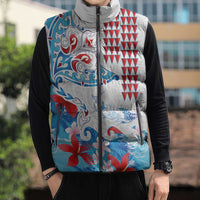 Hawaiian Tribal Manta Ray Sleeveless Puffer Jacket Kakau Tattoo and Flowers Surfing Waves Pattern Ocean Color LT03 - Polynesian Pride