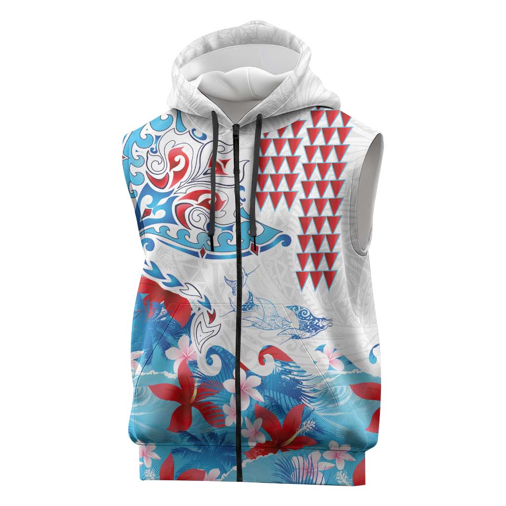 Hawaiian Tribal Manta Ray Sleeveless Zip Hoodie Kakau Tattoo and Flowers Surfing Waves Pattern Ocean Color