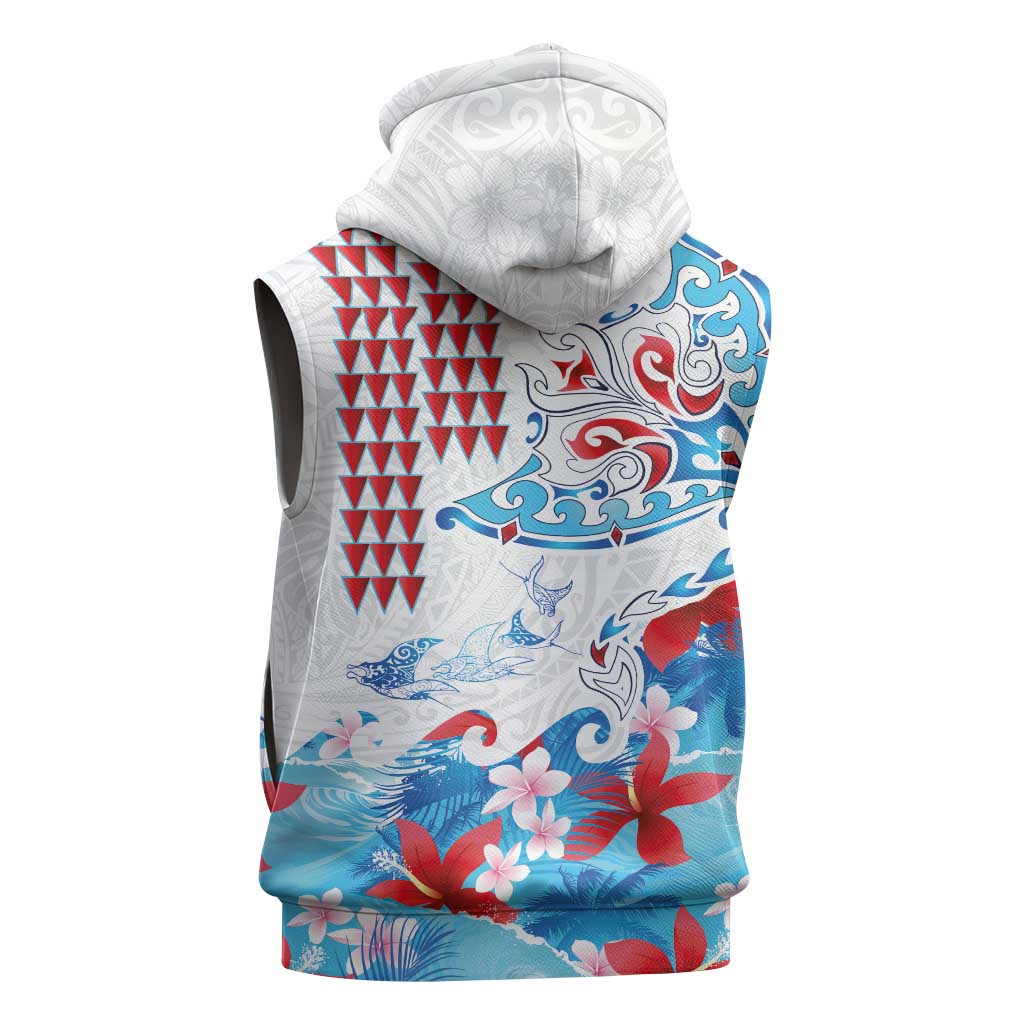 Hawaiian Tribal Manta Ray Sleeveless Zip Hoodie Kakau Tattoo and Flowers Surfing Waves Pattern Ocean Color