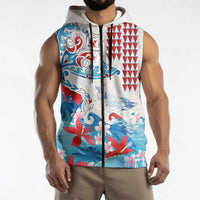Hawaiian Tribal Manta Ray Sleeveless Zip Hoodie Kakau Tattoo and Flowers Surfing Waves Pattern Ocean Color