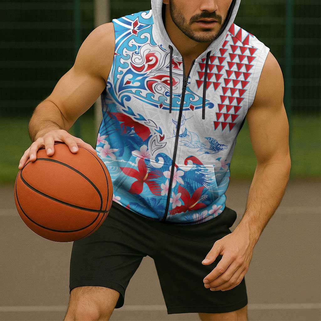 Hawaiian Tribal Manta Ray Sleeveless Zip Hoodie Kakau Tattoo and Flowers Surfing Waves Pattern Ocean Color