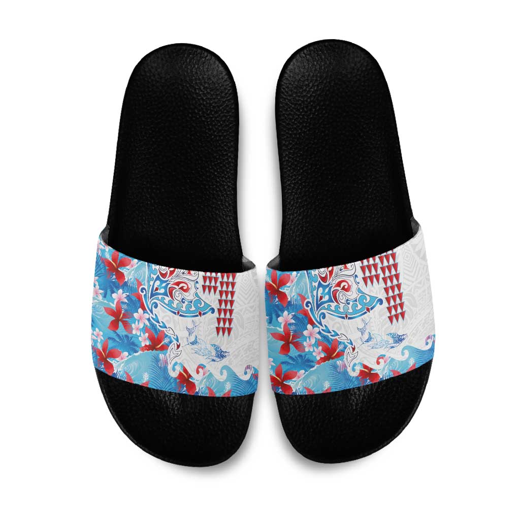 Hawaiian Tribal Manta Ray Slide Sandals Kakau Tattoo and Flowers Surfing Waves Pattern Ocean Color LT03 Multicolor - Polynesian Pride