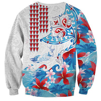 Hawaiian Tribal Manta Ray Sweatshirt Kakau Tattoo and Flowers Surfing Waves Pattern Ocean Color LT03 - Polynesian Pride