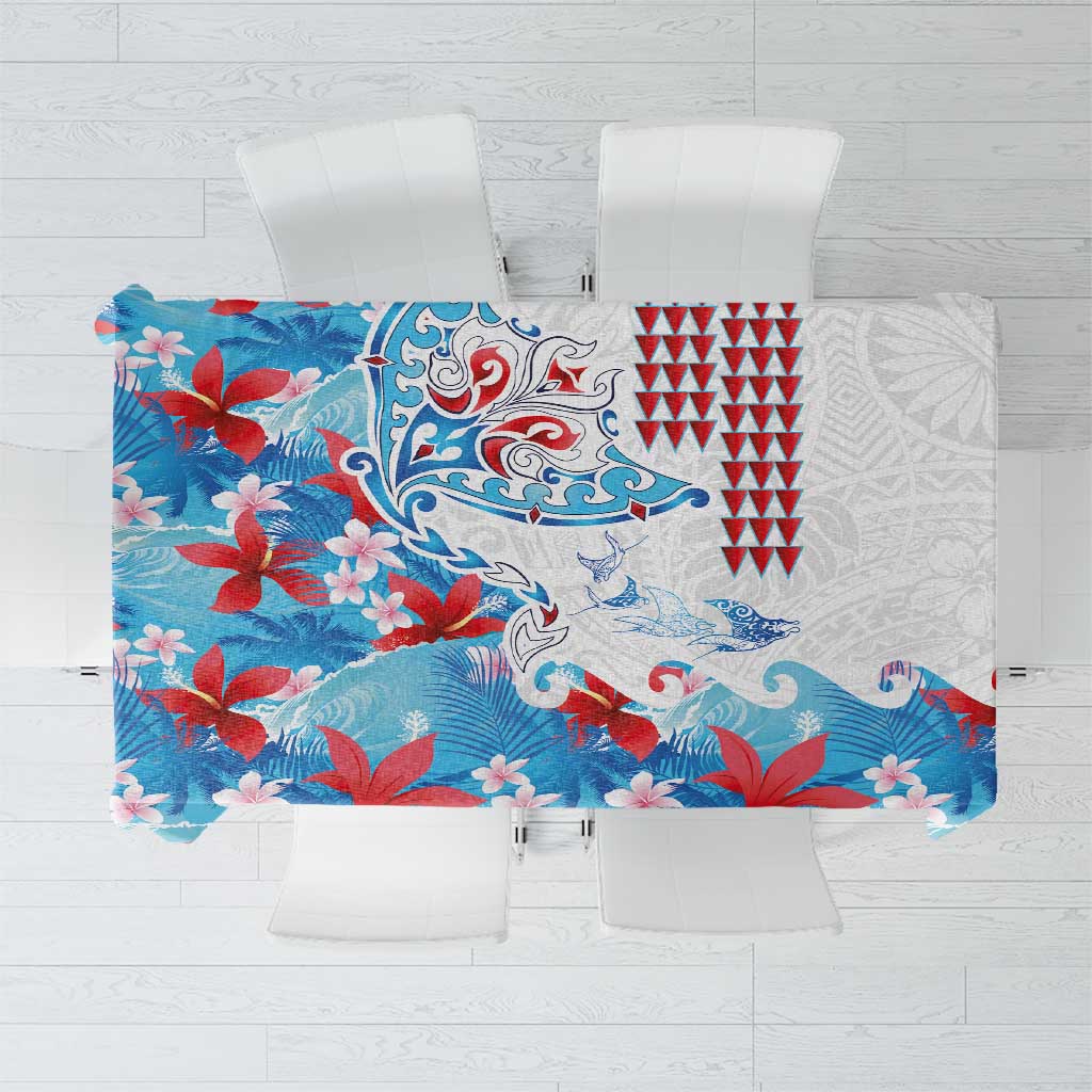 Hawaiian Tribal Manta Ray Tablecloth Kakau Tattoo and Flowers Surfing Waves Pattern Ocean Color LT03 Multicolor - Polynesian Pride