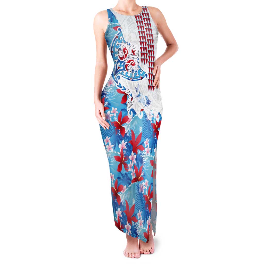 Hawaiian Tribal Manta Ray Tank Maxi Dress Kakau Tattoo and Flowers Surfing Waves Pattern Ocean Color LT03 Women Multicolor - Polynesian Pride
