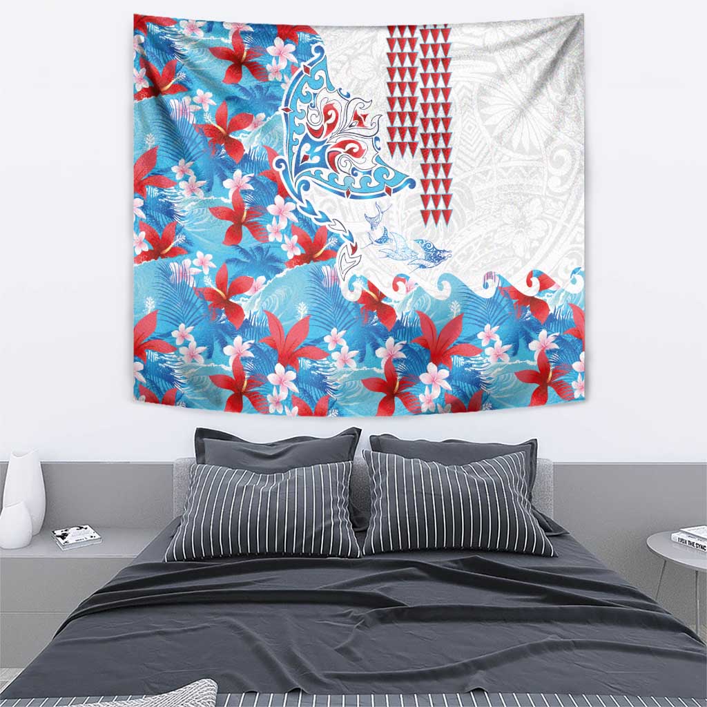 Hawaiian Tribal Manta Ray Tapestry Kakau Tattoo and Flowers Surfing Waves Pattern Ocean Color