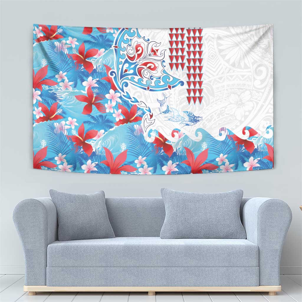 Hawaiian Tribal Manta Ray Tapestry Kakau Tattoo and Flowers Surfing Waves Pattern Ocean Color