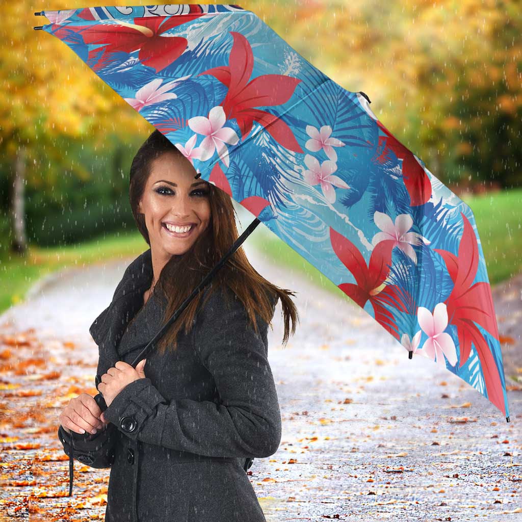 Hawaiian Tribal Manta Ray Umbrella Kakau Tattoo and Flowers Surfing Waves Pattern Ocean Color LT03 - Polynesian Pride