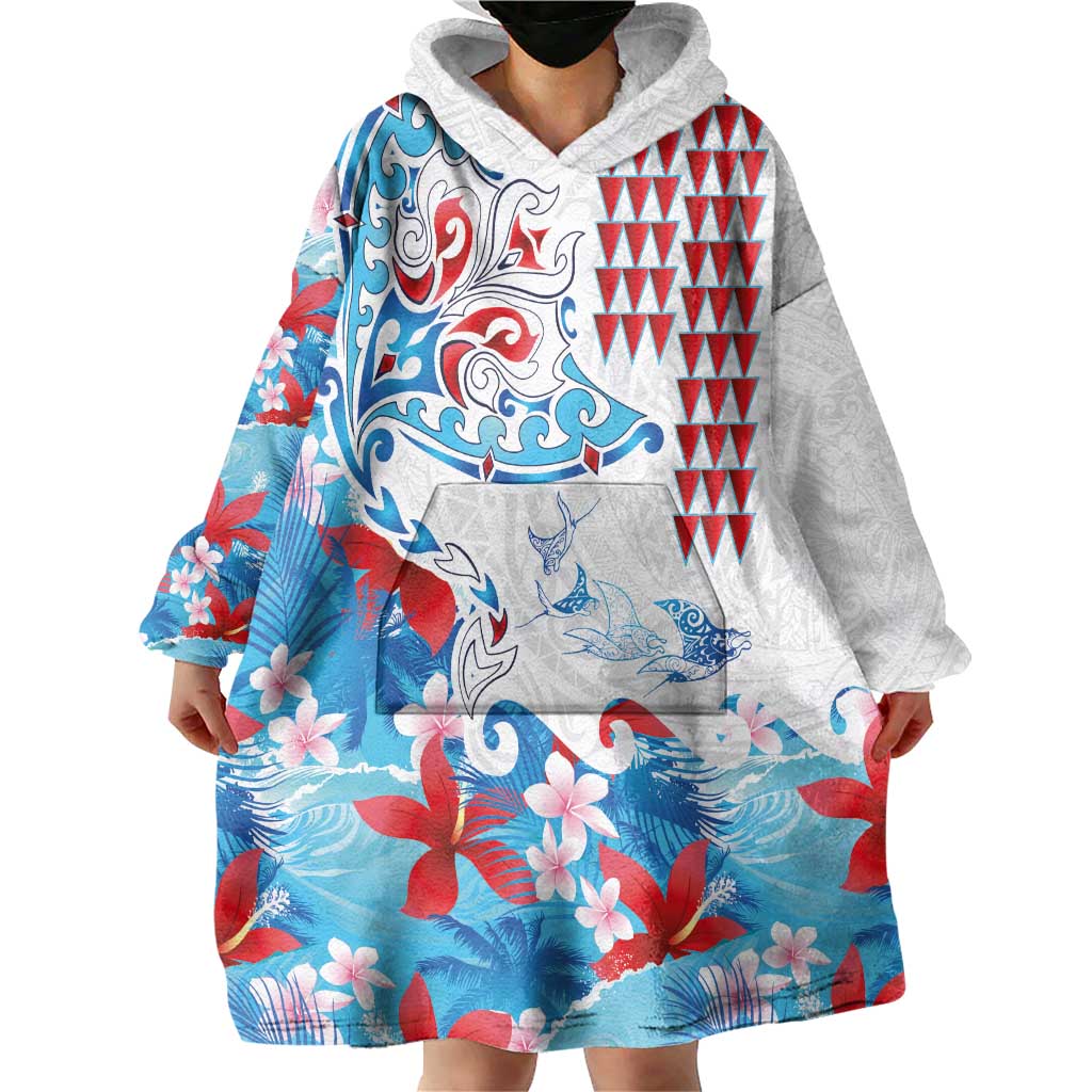 Hawaiian Tribal Manta Ray Wearable Blanket Hoodie Kakau Tattoo and Flowers Surfing Waves Pattern Ocean Color
