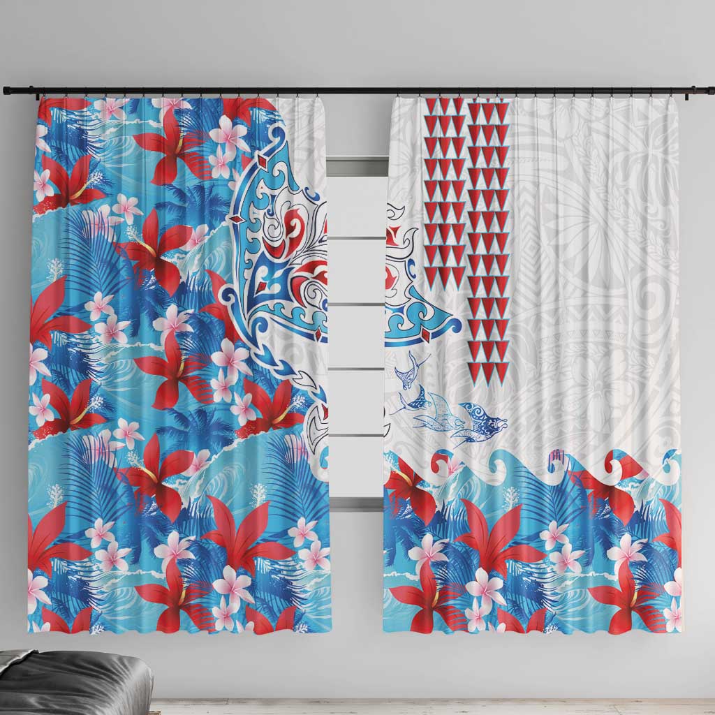 Hawaiian Tribal Manta Ray Window Curtain Kakau Tattoo and Flowers Surfing Waves Pattern Ocean Color LT03 With Hooks Multicolor - Polynesian Pride