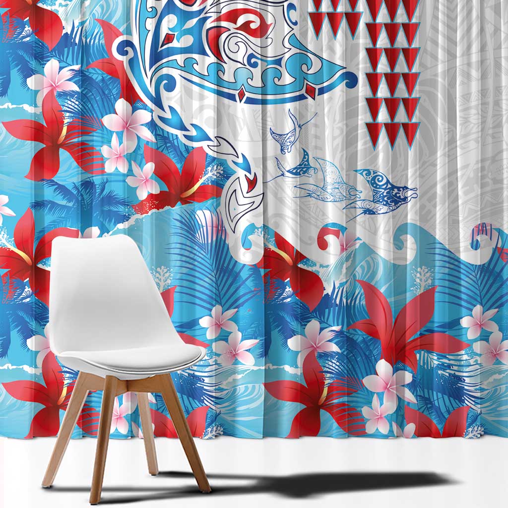 Hawaiian Tribal Manta Ray Window Curtain Kakau Tattoo and Flowers Surfing Waves Pattern Ocean Color