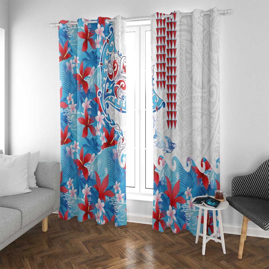 Hawaiian Tribal Manta Ray Window Curtain Kakau Tattoo and Flowers Surfing Waves Pattern Ocean Color